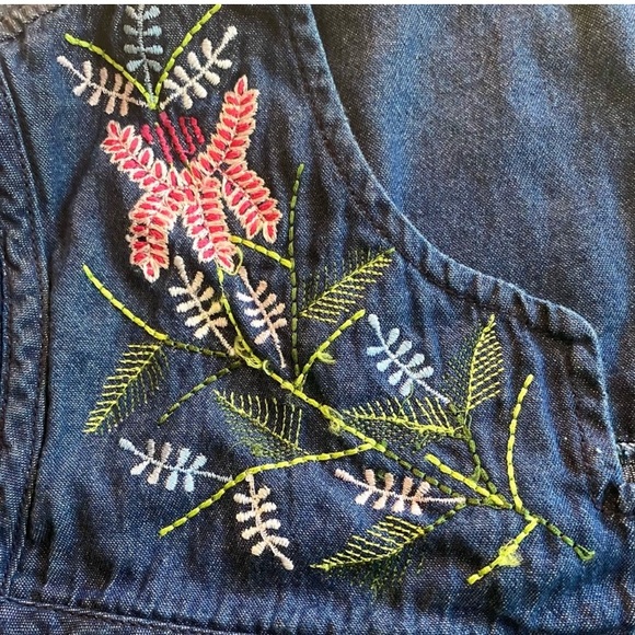 Vintage 90s Denim Embroidered  Snap Front Midi Dress L Loose Fit Short Sleeve - Picture 8 of 8